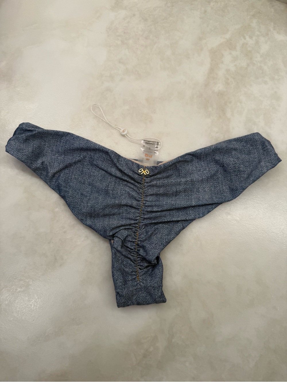 PQ Swim Blue Denim-Look Ruched Bikini Bottoms with Beige Lining - NWT
